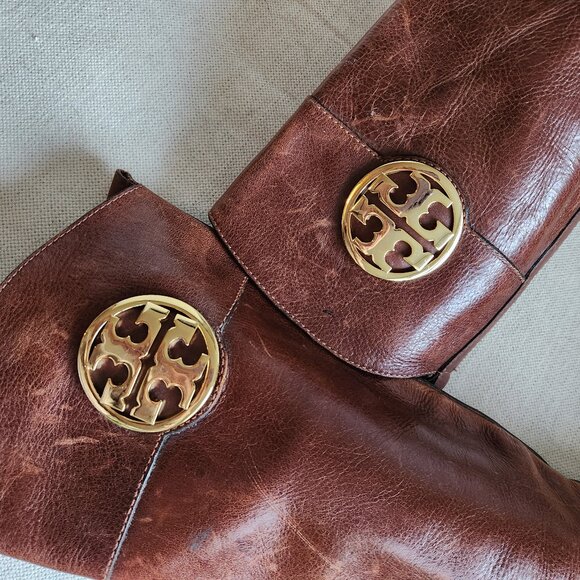 Sz7 Tory Burch Patterson Brown Leather Riding Boots with Gold Medallion Logo - Picture 8 of 13